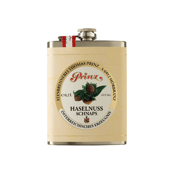 Edelstahl-Flachmann mit Haselnuss Schnaps 40 % vol.