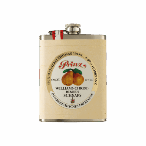 Edelstahl-Flachmann mit Williams-Birnen Schnaps 40 % vol.